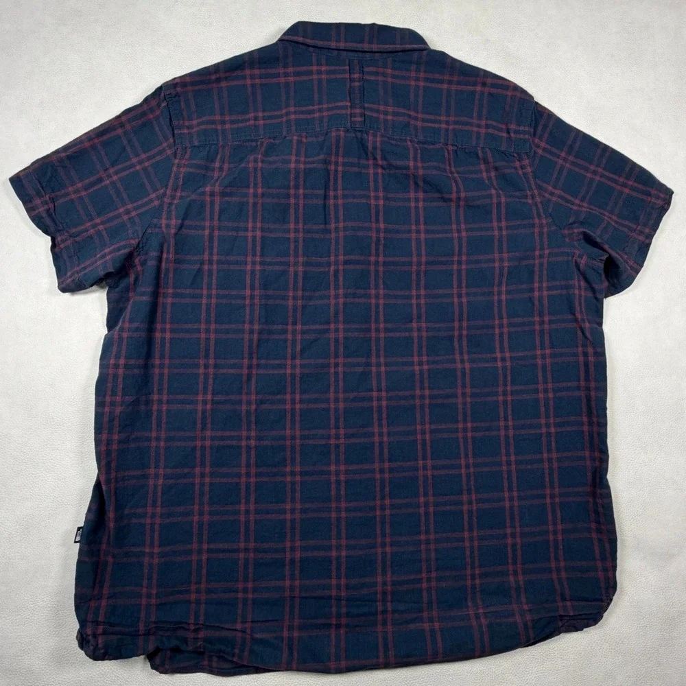 The North Face Mens XL Short Sleeve Plaid Button Up Shirt Navy Blue Burgundy Red